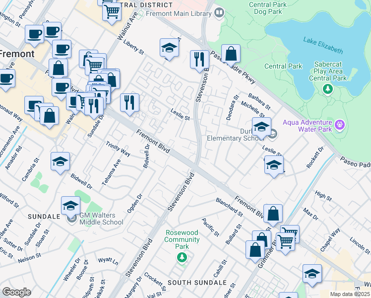 map of restaurants, bars, coffee shops, grocery stores, and more near 3909 Stevenson Boulevard in Fremont