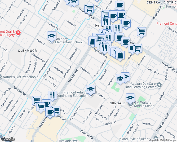 map of restaurants, bars, coffee shops, grocery stores, and more near 4502 Sloat Road in Fremont