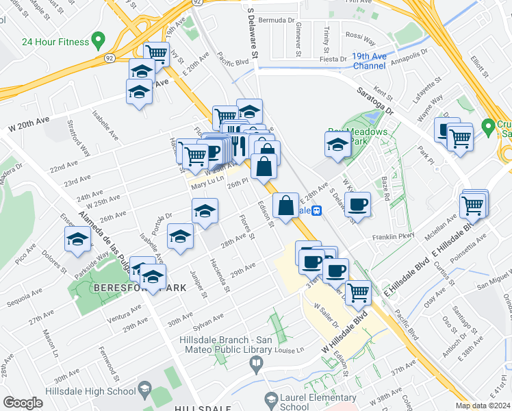 map of restaurants, bars, coffee shops, grocery stores, and more near 31 27th Avenue in San Mateo