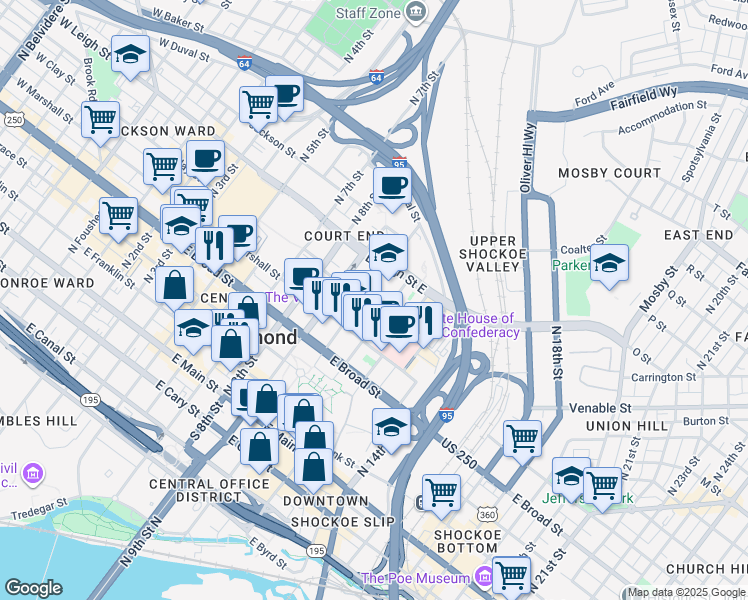 map of restaurants, bars, coffee shops, grocery stores, and more near 1000 East Clay Street in Richmond