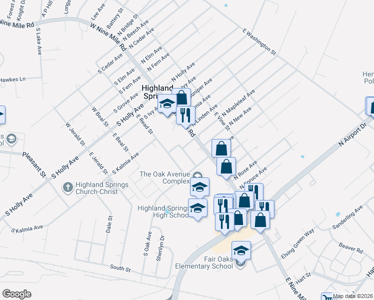 map of restaurants, bars, coffee shops, grocery stores, and more near 502 Highland Drive in Highland Springs