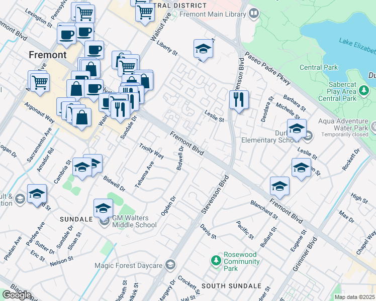 map of restaurants, bars, coffee shops, grocery stores, and more near 39867 Fremont Boulevard in Fremont