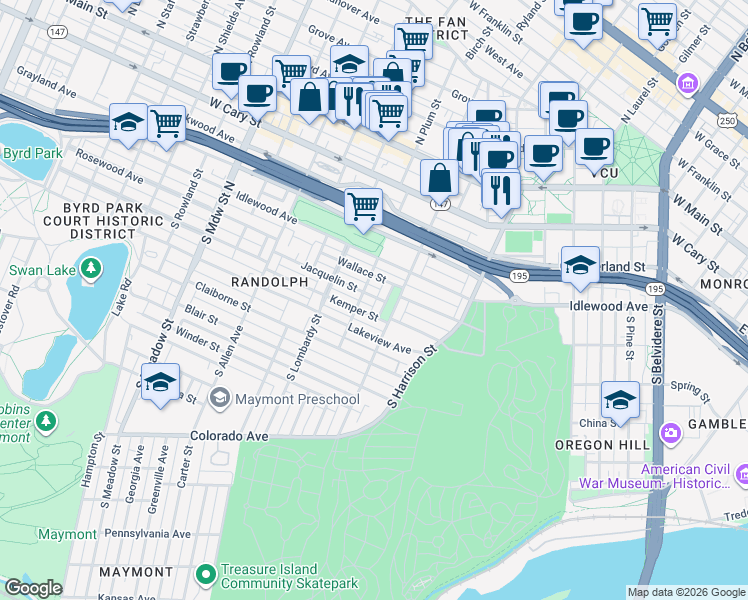 map of restaurants, bars, coffee shops, grocery stores, and more near 1413 Jacquelin Street in Richmond