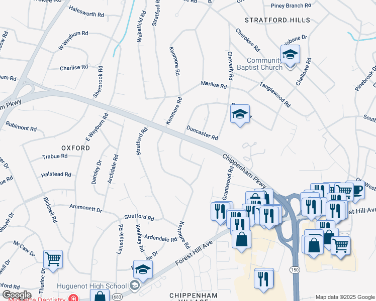map of restaurants, bars, coffee shops, grocery stores, and more near 7757 Chippenham Pkwy in Richmond