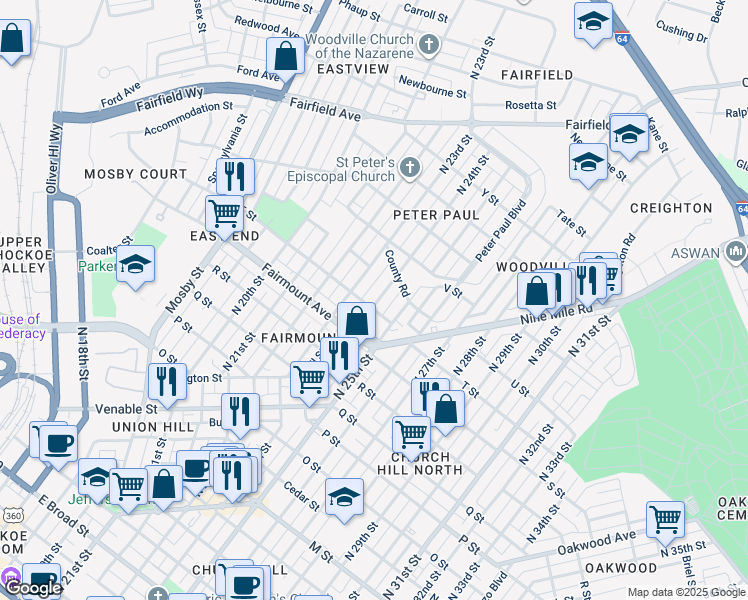 map of restaurants, bars, coffee shops, grocery stores, and more near 2320 T Street in Richmond