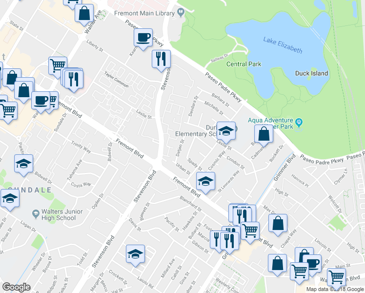 map of restaurants, bars, coffee shops, grocery stores, and more near 3740 Detjen Street in Fremont