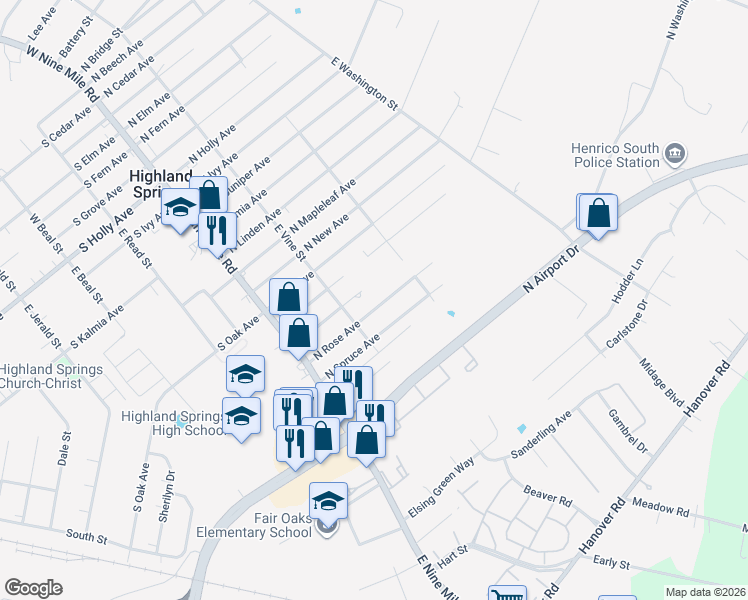 map of restaurants, bars, coffee shops, grocery stores, and more near 110 North Rose Avenue in Highland Springs
