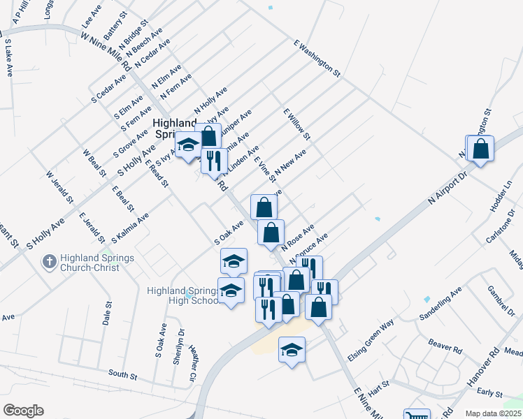 map of restaurants, bars, coffee shops, grocery stores, and more near 9 North Oak Avenue in Highland Springs