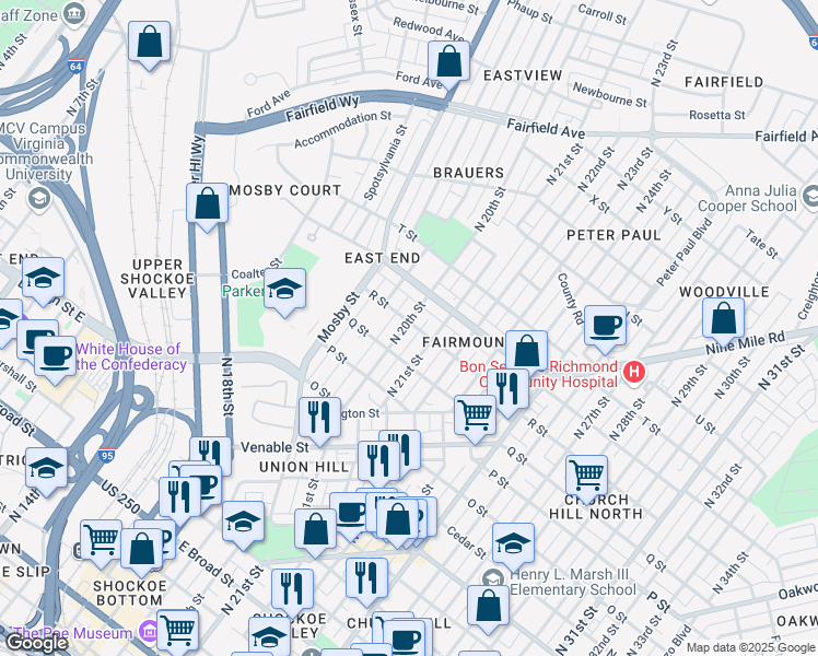 map of restaurants, bars, coffee shops, grocery stores, and more near 2001 R Street in Richmond