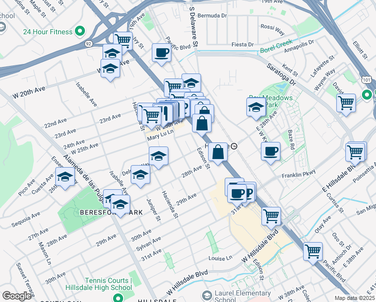 map of restaurants, bars, coffee shops, grocery stores, and more near 50 27th Avenue in San Mateo