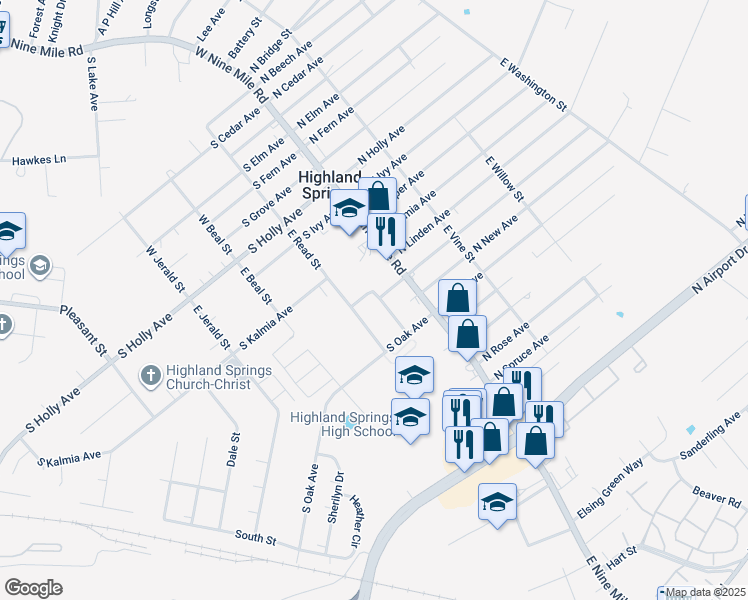 map of restaurants, bars, coffee shops, grocery stores, and more near 503 Highland Drive in Highland Springs