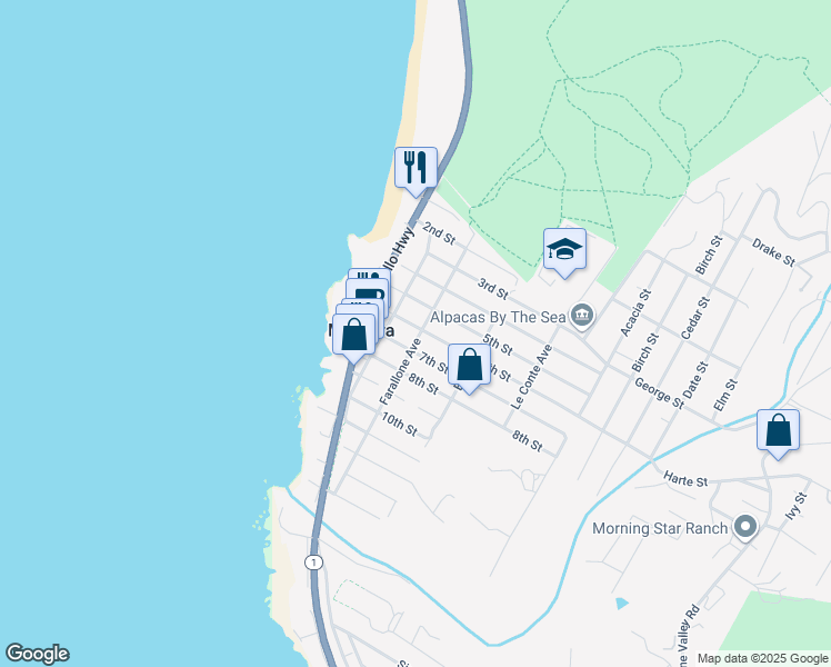 map of restaurants, bars, coffee shops, grocery stores, and more near 296 6th Street in Montara