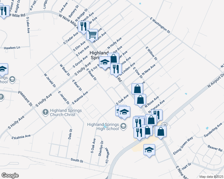 map of restaurants, bars, coffee shops, grocery stores, and more near 503 Highland Drive in Highland Springs