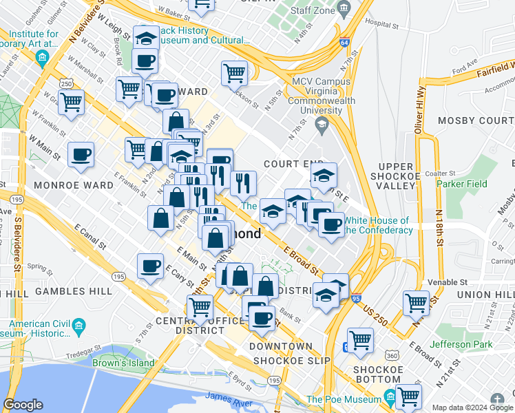 map of restaurants, bars, coffee shops, grocery stores, and more near 310 N 8th St in Richmond