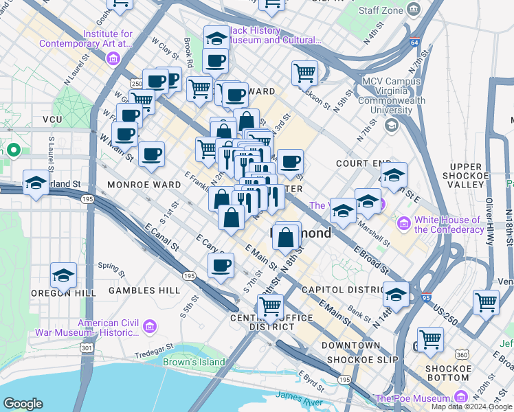 map of restaurants, bars, coffee shops, grocery stores, and more near 411 East Grace Street in Richmond