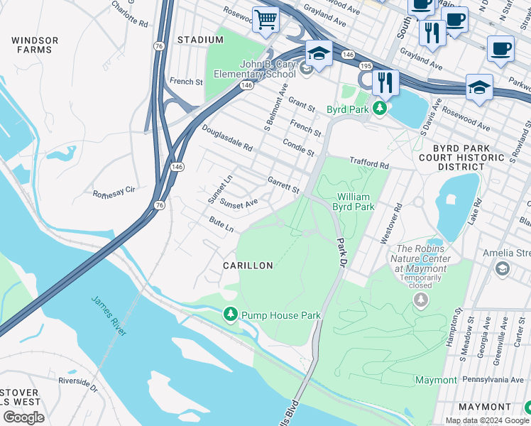 map of restaurants, bars, coffee shops, grocery stores, and more near 3002 Rugby Road in Richmond