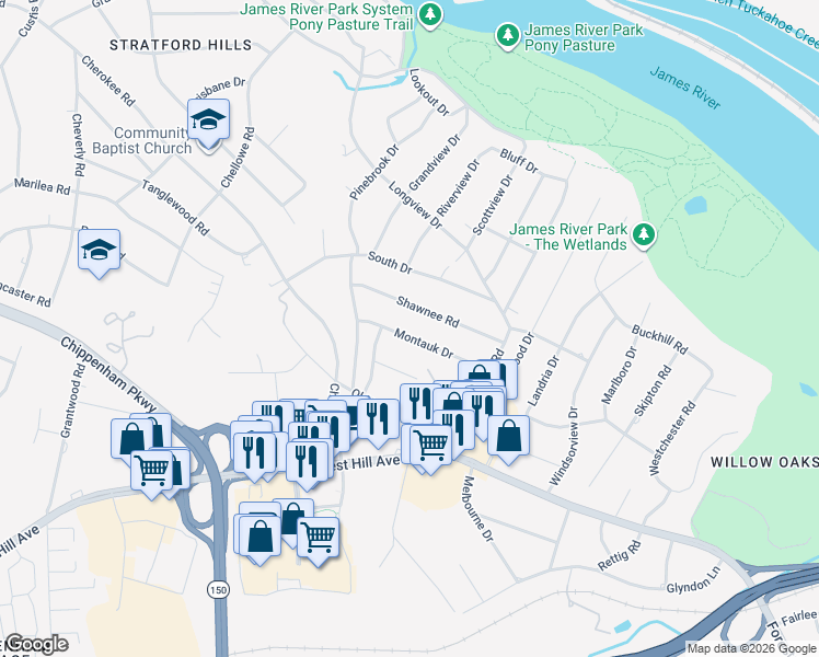 map of restaurants, bars, coffee shops, grocery stores, and more near 6940 Montauk Drive in Richmond