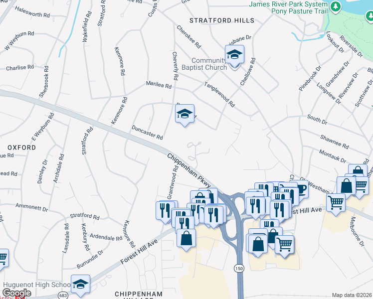 map of restaurants, bars, coffee shops, grocery stores, and more near 7561 Beauchamp Court in Richmond