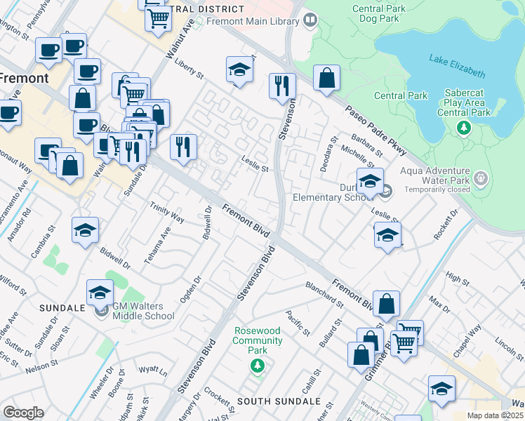 map of restaurants, bars, coffee shops, grocery stores, and more near 39972 Fremont Boulevard in Fremont