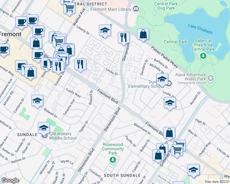 map of restaurants, bars, coffee shops, grocery stores, and more near 39938 Fremont Boulevard in Fremont