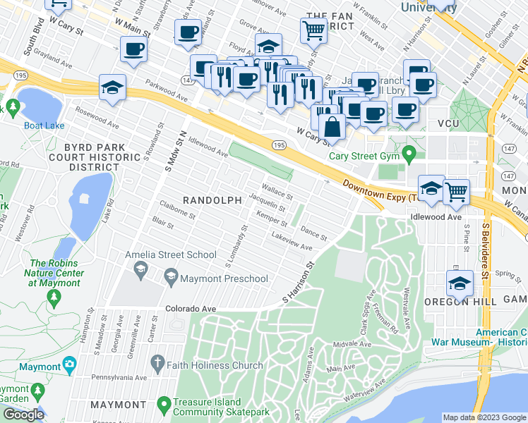 map of restaurants, bars, coffee shops, grocery stores, and more near 1514 Kemper Street in Richmond
