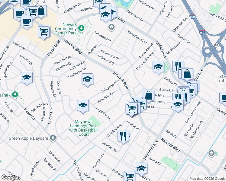 map of restaurants, bars, coffee shops, grocery stores, and more near 6067 Radcliffe Avenue in Newark