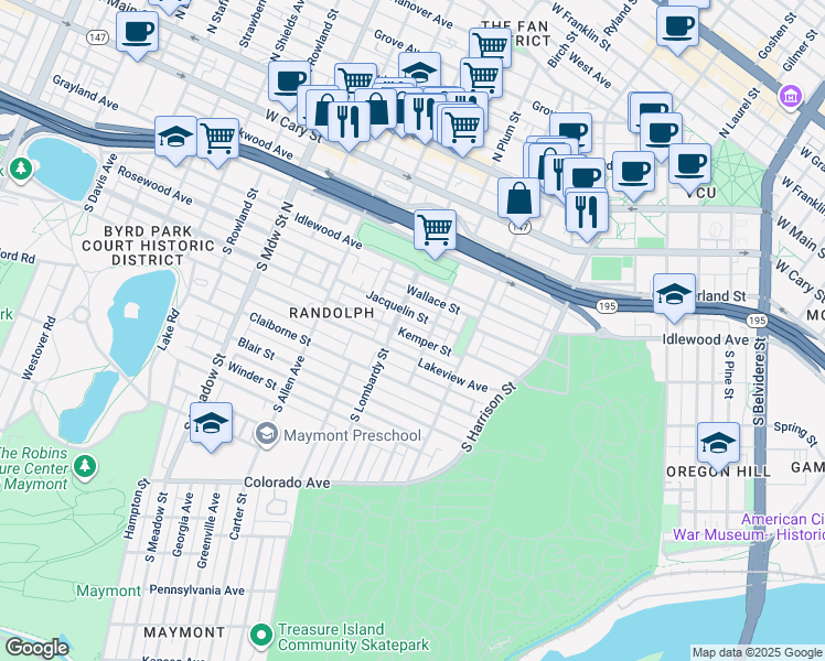 map of restaurants, bars, coffee shops, grocery stores, and more near 1514 Kemper Street in Richmond