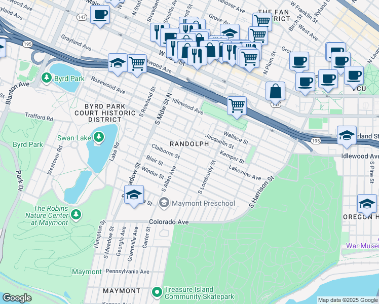 map of restaurants, bars, coffee shops, grocery stores, and more near 1721 Lakeview Avenue in Richmond