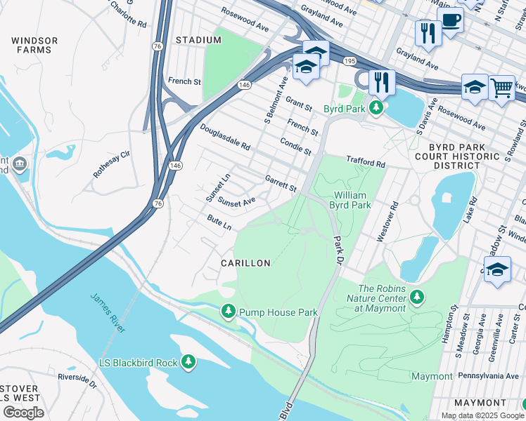 map of restaurants, bars, coffee shops, grocery stores, and more near 3002 Rugby Road in Richmond