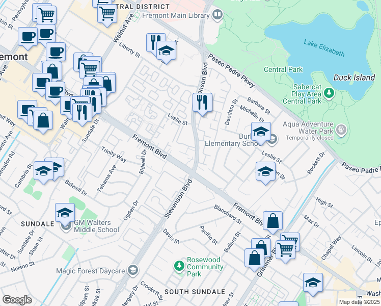 map of restaurants, bars, coffee shops, grocery stores, and more near 39930 Fremont Boulevard in Fremont
