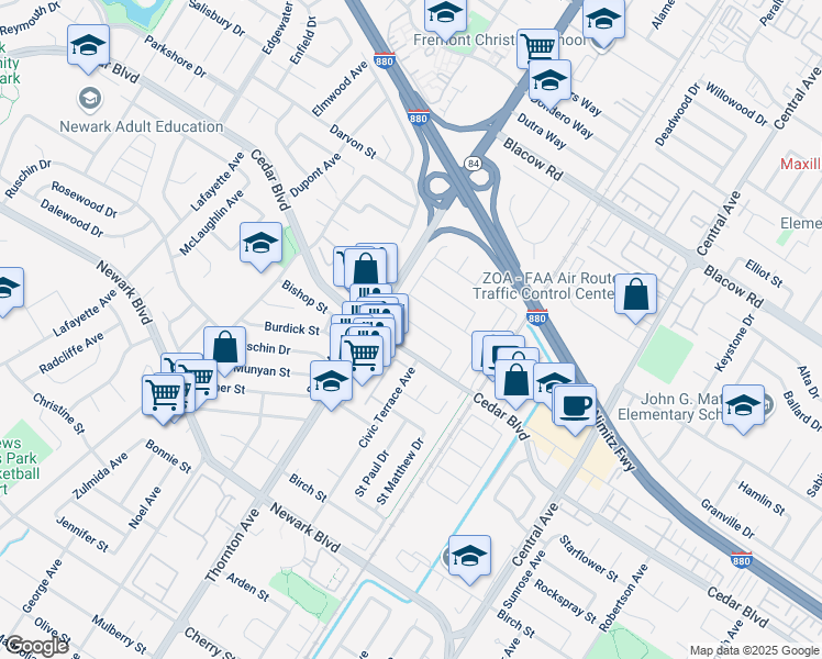 map of restaurants, bars, coffee shops, grocery stores, and more near 37057 San Antonio Street in Newark