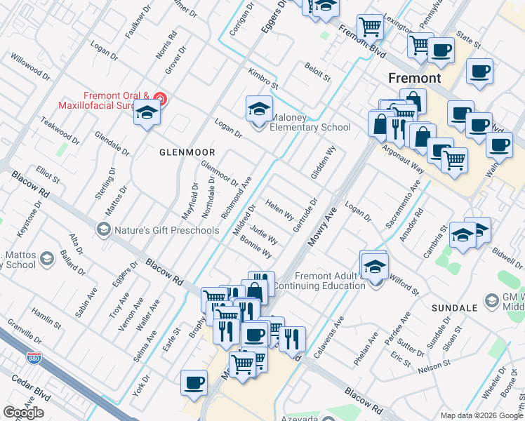 map of restaurants, bars, coffee shops, grocery stores, and more near 38816 Florence Way in Fremont