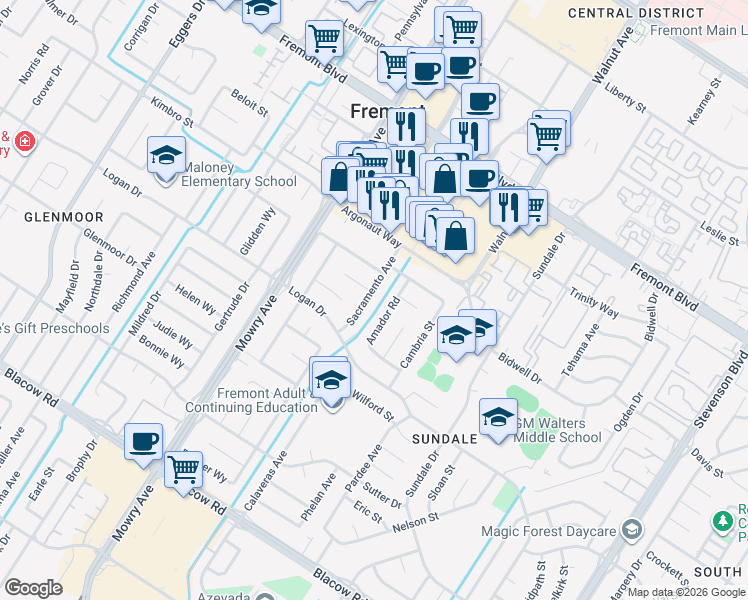 map of restaurants, bars, coffee shops, grocery stores, and more near 4402 Sacramento Avenue in Fremont