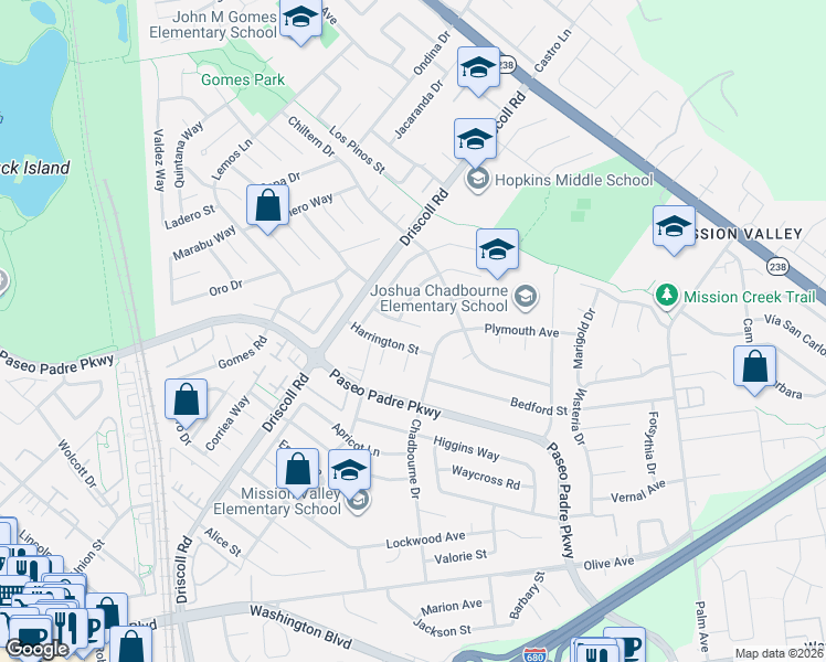map of restaurants, bars, coffee shops, grocery stores, and more near 1216 Austin Street in Fremont