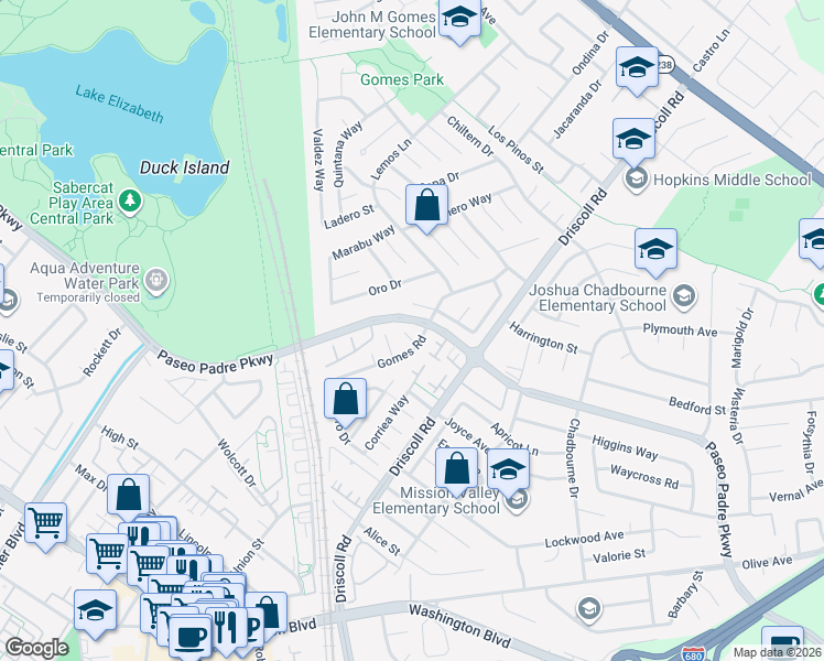 map of restaurants, bars, coffee shops, grocery stores, and more near 1900 Gomes Road in Fremont