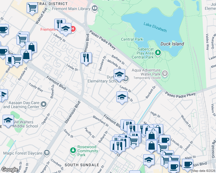 map of restaurants, bars, coffee shops, grocery stores, and more near 40140 Mueller Court in Fremont
