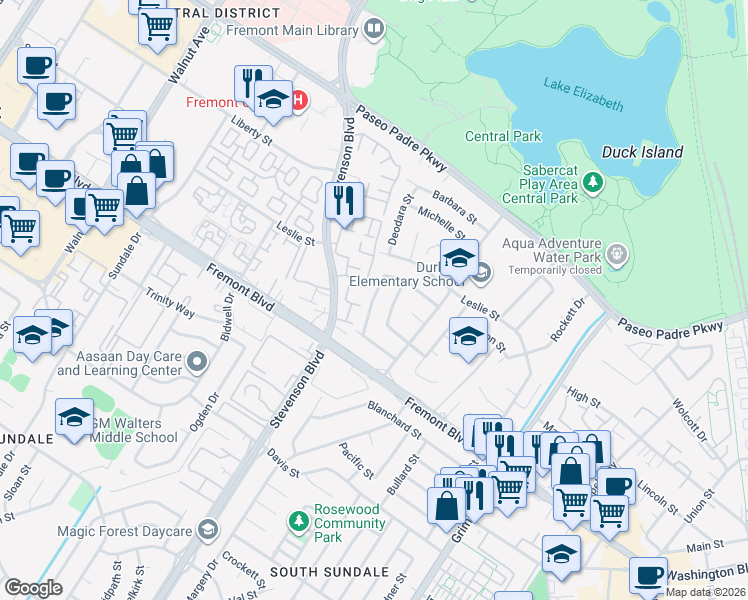 map of restaurants, bars, coffee shops, grocery stores, and more near 3740 Detjen Street in Fremont