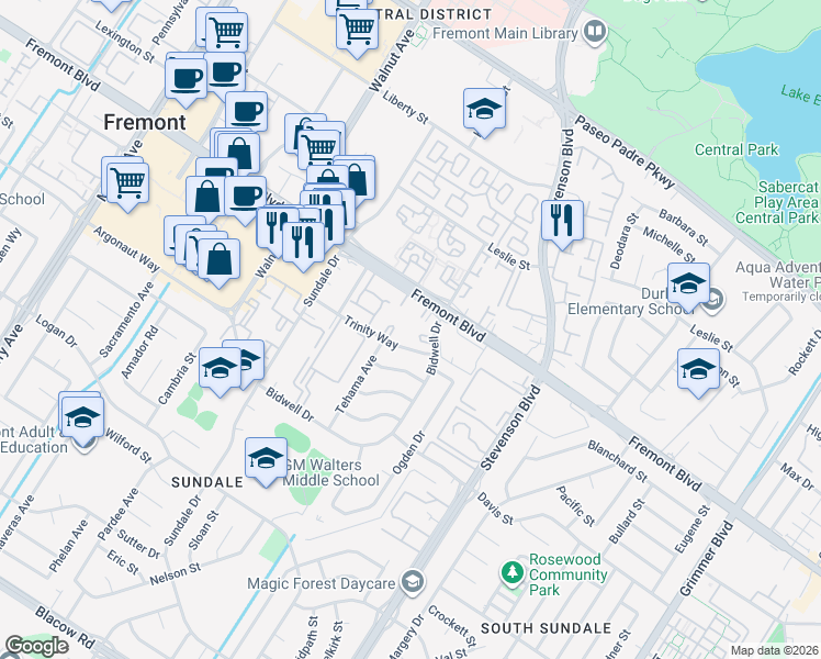 map of restaurants, bars, coffee shops, grocery stores, and more near 4095 Murray Common in Fremont