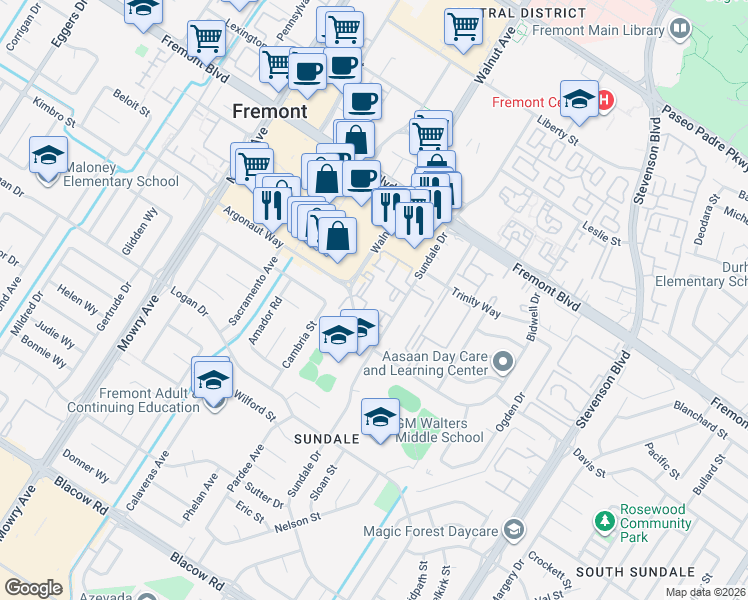 map of restaurants, bars, coffee shops, grocery stores, and more near 39404 Parkhurst Drive in Fremont