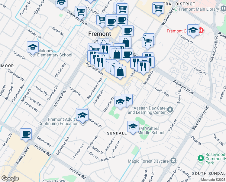 map of restaurants, bars, coffee shops, grocery stores, and more near 4314 Cambria Street in Fremont