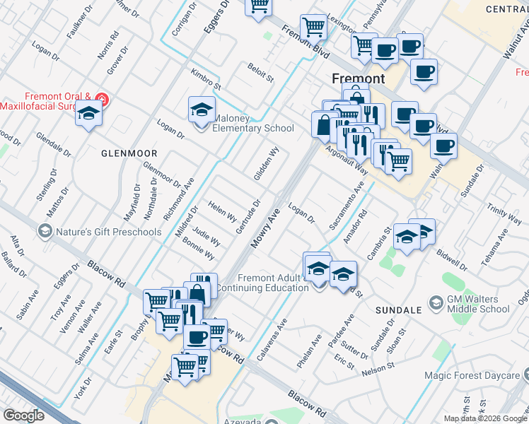 map of restaurants, bars, coffee shops, grocery stores, and more near 4584 Gertrude Drive in Fremont