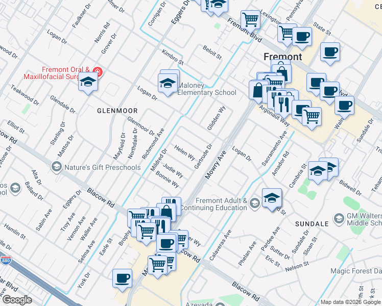 map of restaurants, bars, coffee shops, grocery stores, and more near 38866 Helen Way in Fremont