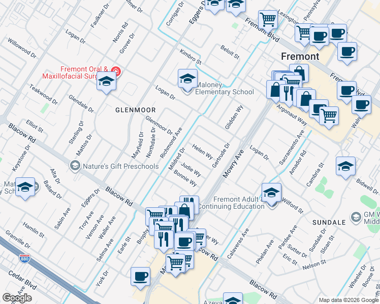 map of restaurants, bars, coffee shops, grocery stores, and more near 38816 Florence Way in Fremont
