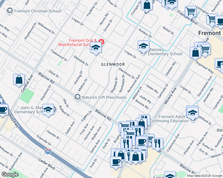 map of restaurants, bars, coffee shops, grocery stores, and more near 4771 Mayfield Drive in Fremont
