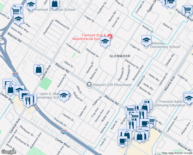 map of restaurants, bars, coffee shops, grocery stores, and more near 4960 Mattos Drive in Fremont