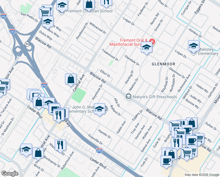 map of restaurants, bars, coffee shops, grocery stores, and more near 37975 Blacow Road in Fremont