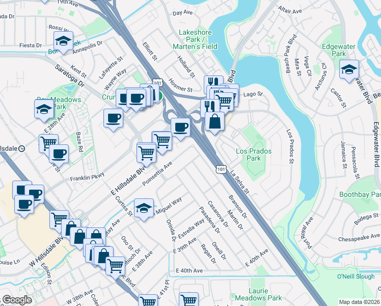 map of restaurants, bars, coffee shops, grocery stores, and more near 602 Poinsettia Avenue in San Mateo