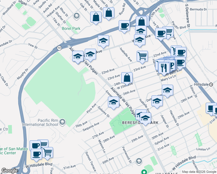 map of restaurants, bars, coffee shops, grocery stores, and more near 509 Alta Avenue in San Mateo