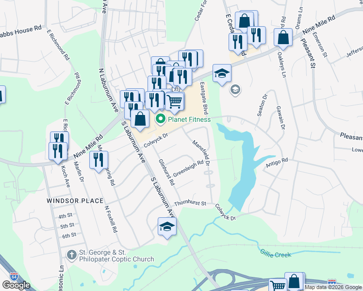 map of restaurants, bars, coffee shops, grocery stores, and more near 306 Mansfield Drive in Richmond