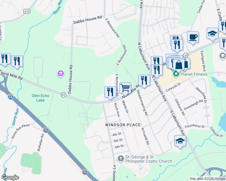 map of restaurants, bars, coffee shops, grocery stores, and more near 4200 Nine Mile Road in Richmond